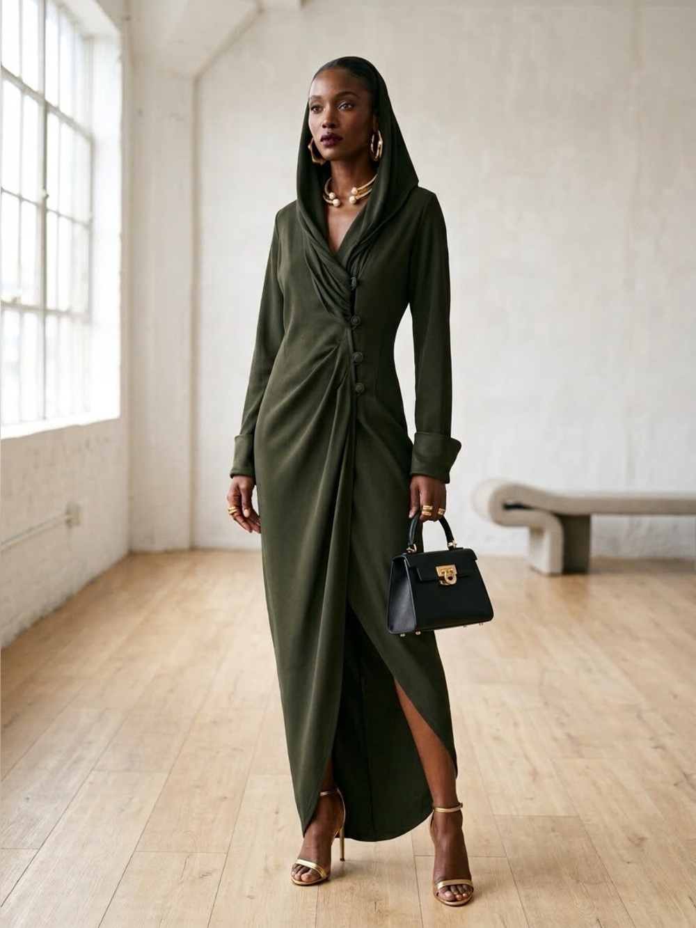 Vintage 90s Zapata Dark Olive Green Asymmetric Draped Hooded Maxi Dress - Medium